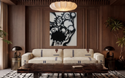 Starving Eyes above a cream sofa in a wood-paneled living room with a sculptural pendant, Smartist mockup.