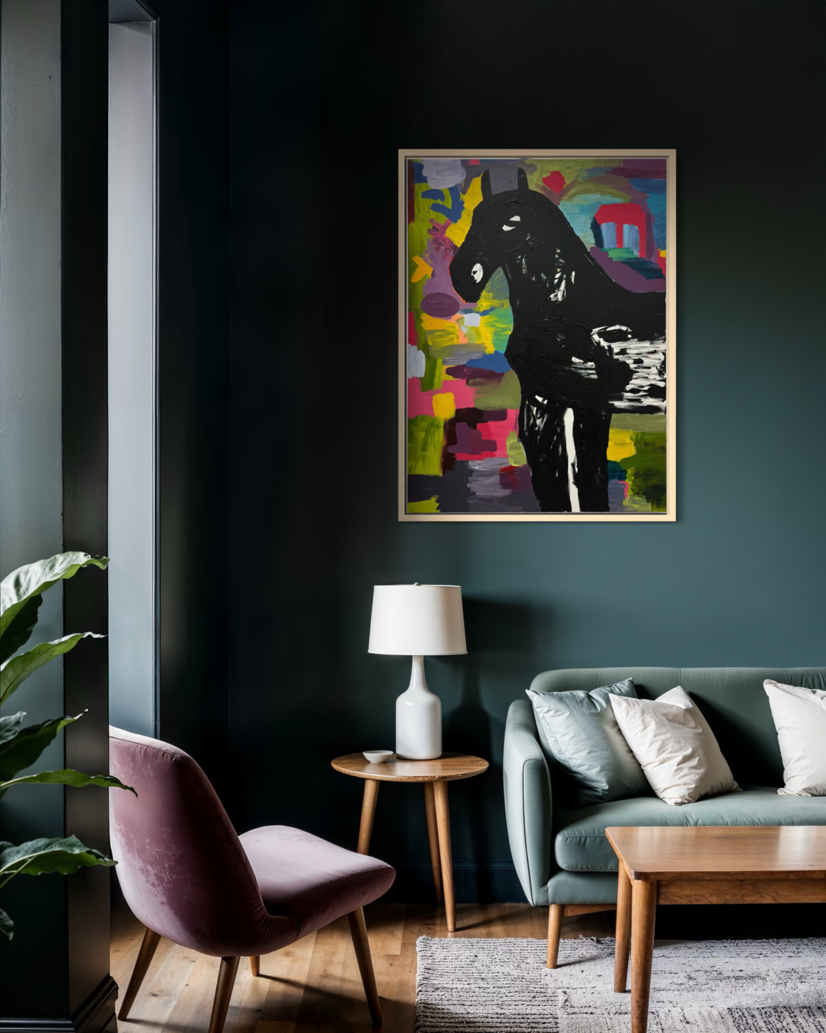 Adivino Gallery original black horse artwork displayed in a living room on a dark green wall