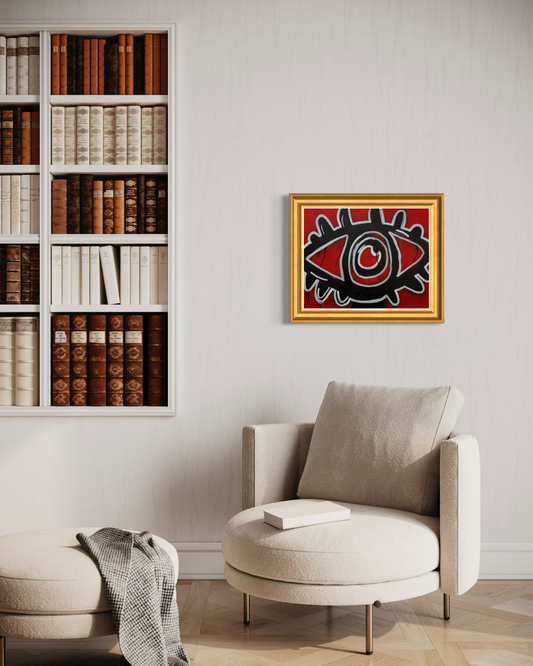 Adivino Gallery original red eye artwork in a gold frame displayed above a cream lounge chair near bookshelves