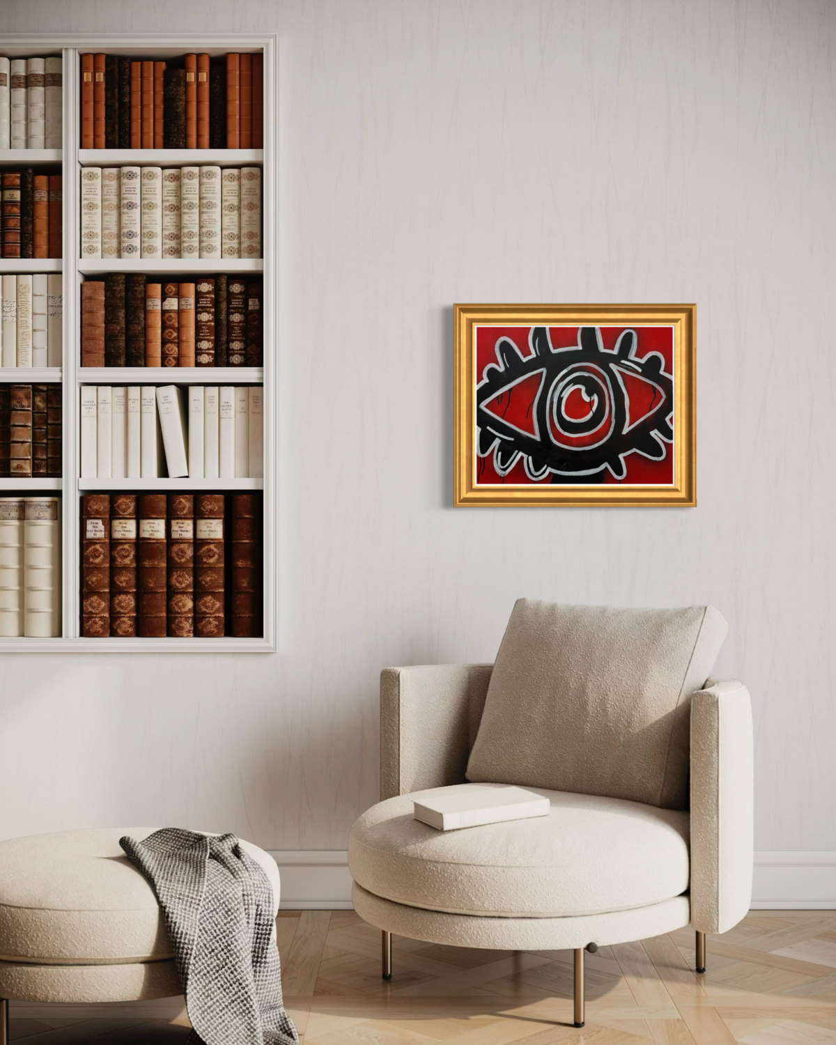 Adivino Gallery original red eye artwork in a gold frame displayed above a cream lounge chair near bookshelves