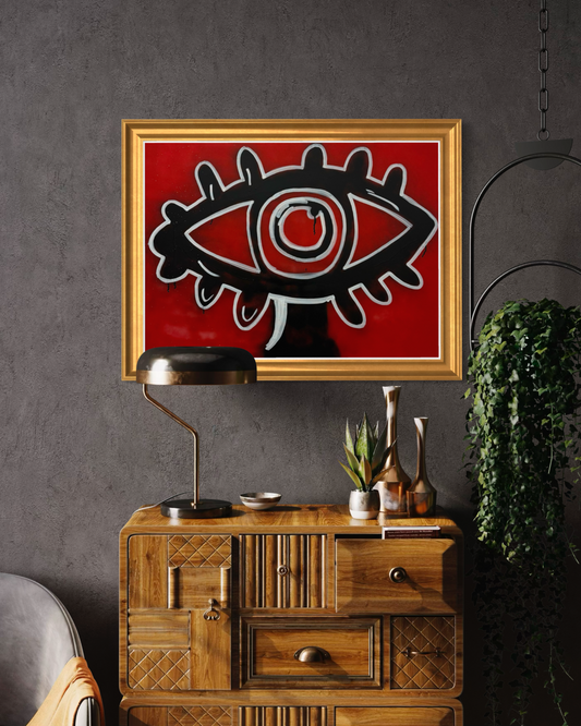 Adivino Gallery original red eye artwork displayed in a gold frame above a wooden console