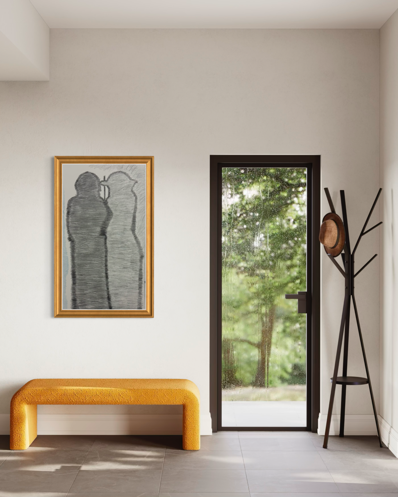 Adivino Gallery original two shadow figure artwork displayed in a modern entryway beside a glass door