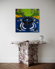 Surrounded by Sharks in a home interior with a marble console, Smartist mockup from the corrected high-resolution painting photograph.
