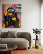 Woman in an Armchair displayed unframed above a curved sofa in a home interior